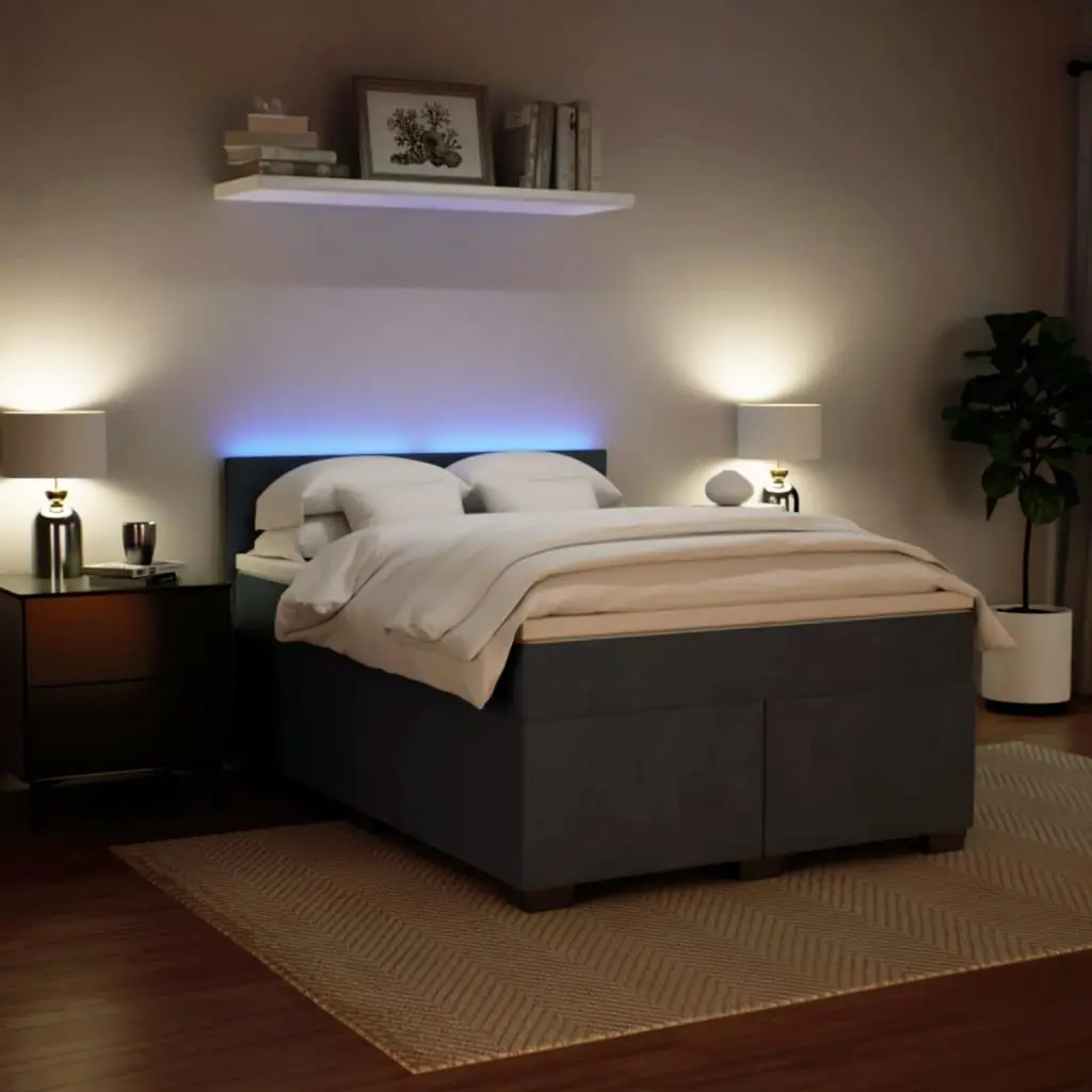 Box Spring Bed with Mattress Double Size Dark Grey Velvet with LED Lights