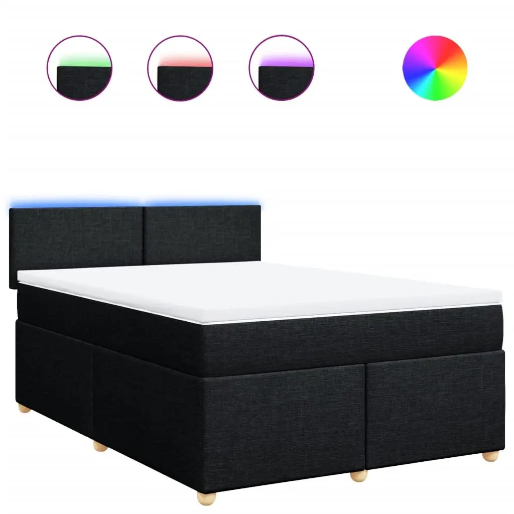 Double Box Spring Bed with Pocket Spring Mattress LED Lights Black Fabric