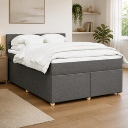 Double Box Spring Bed with Pocket Mattress LED Lights Grey Fabric Frame