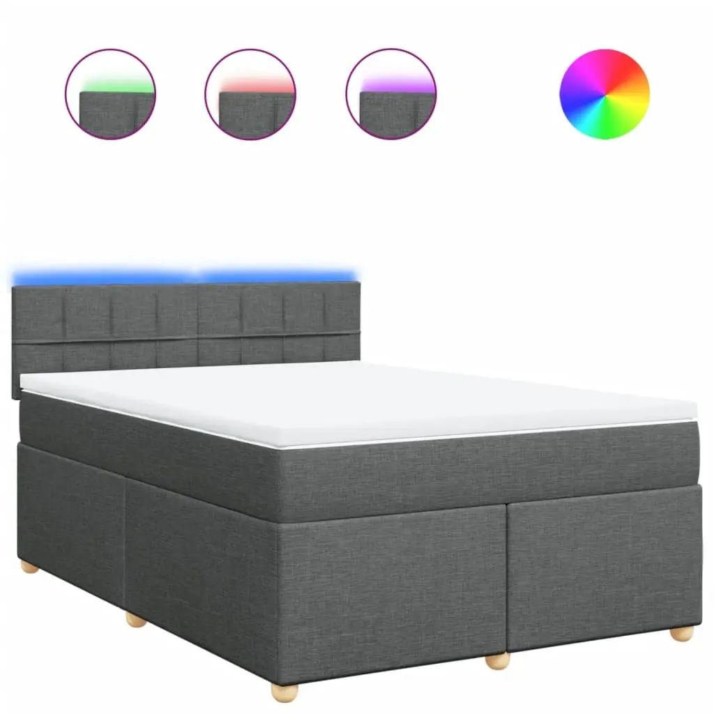 Queen Box Spring Bed Pocket Spring Mattress Adjustable LED Lights Dark Grey Fabric