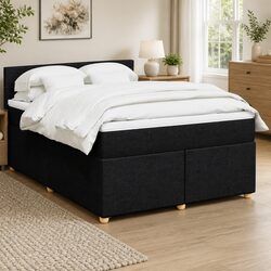 Queen Box Spring Bed with Pocket Spring Mattress LED Lights Black Fabric