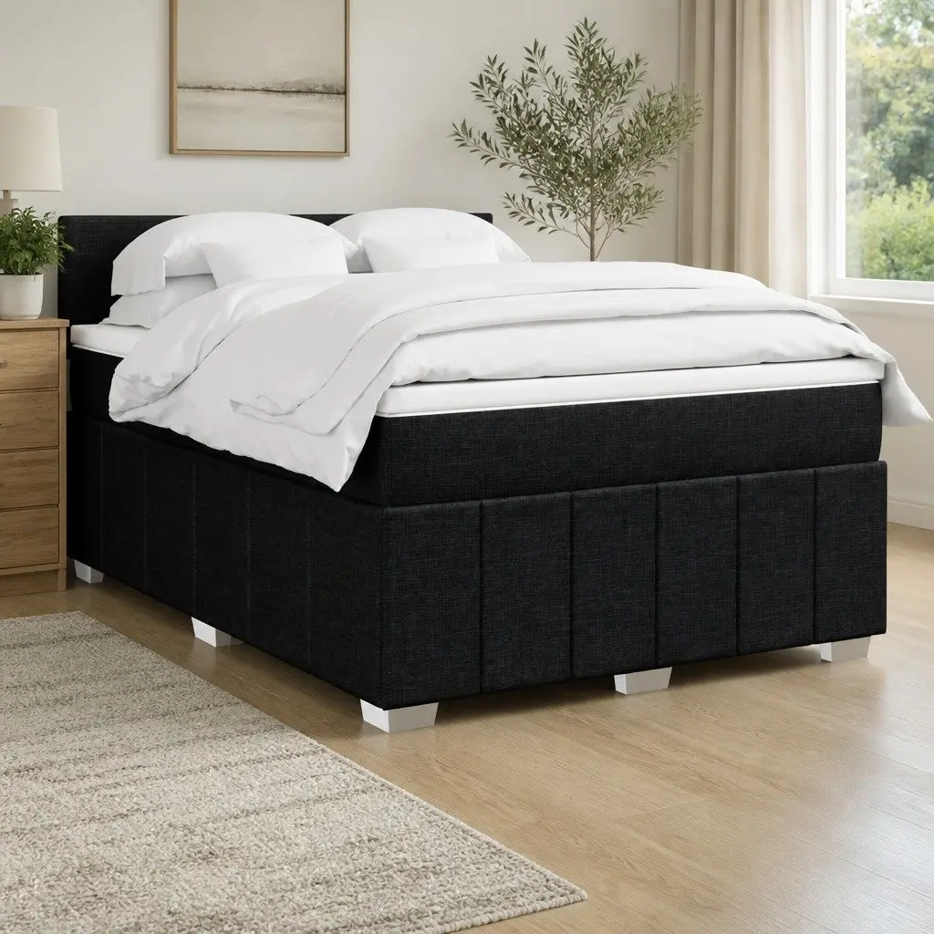 Double Box Spring Bed with Pocket Mattress LED Lights Black Fabric Frame