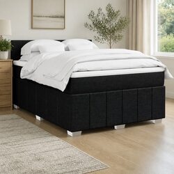 Double Box Spring Bed with Pocket Mattress LED Lights Black Fabric Frame