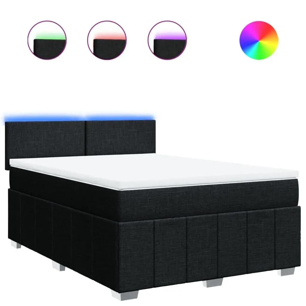 Double Box Spring Bed with Pocket Mattress LED Lights Black Fabric Frame