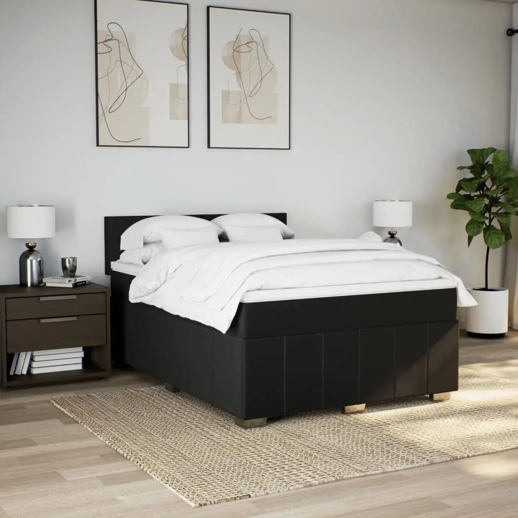 Double Box Spring Bed with Pocket Mattress LED Lights Black Fabric Frame