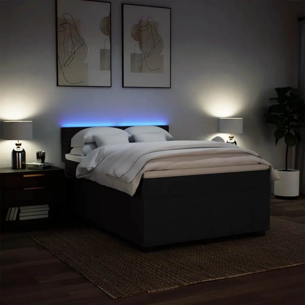 Double Box Spring Bed with Pocket Mattress LED Lights Black Fabric Frame