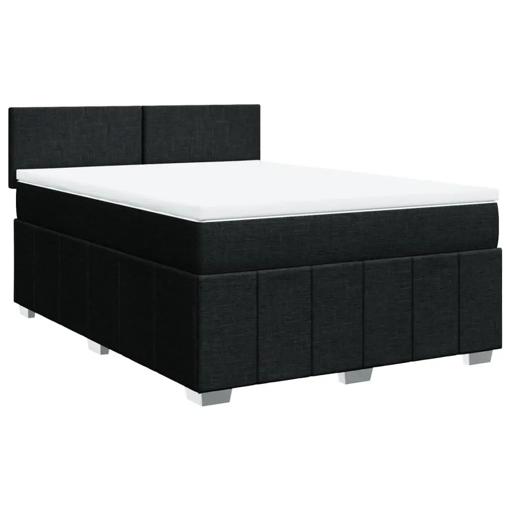 Double Box Spring Bed with Pocket Mattress LED Lights Black Fabric Frame