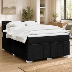 Double Box Spring Bed with Pocket Mattress LED Lights Black Fabric