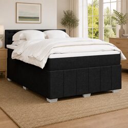 Double Box Spring Bed with Pocket Mattress and LED Lights Black Fabric