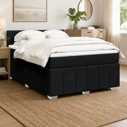 Queen Box Spring Bed with Pocket Sprung Mattress LED Lights Black Fabric Frame