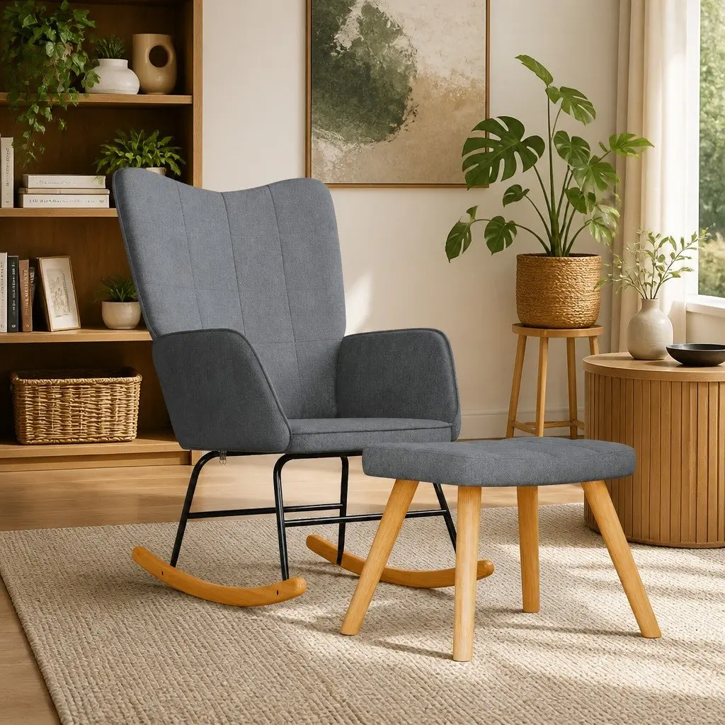 Rocking Chair Grey Fabric Padded Foam Seat with Stool