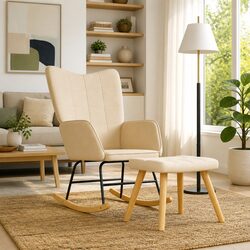 Rocking Chair with Stool Cream Fabric Padded Foam Armchair Living Room Relaxing