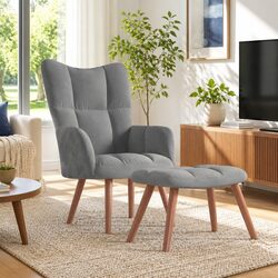 Relaxing Armchair with Stool Padded Seat Velvet Grey Living Room Chair