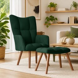 Relaxing Chair with Stool Armchair Padded Foam Upholstered Seat Green Velvet