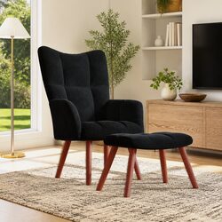 Relaxing Chair with Stool Armchair Padded Foam Velvet Upholstery Black