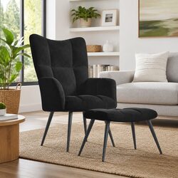 Relaxing Chair with Stool Black Velvet Padded Armchair Modern Living Room