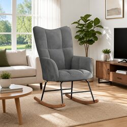 Rocking Chair Grey Velvet Upholstered Padded Armchair Modern Living Room
