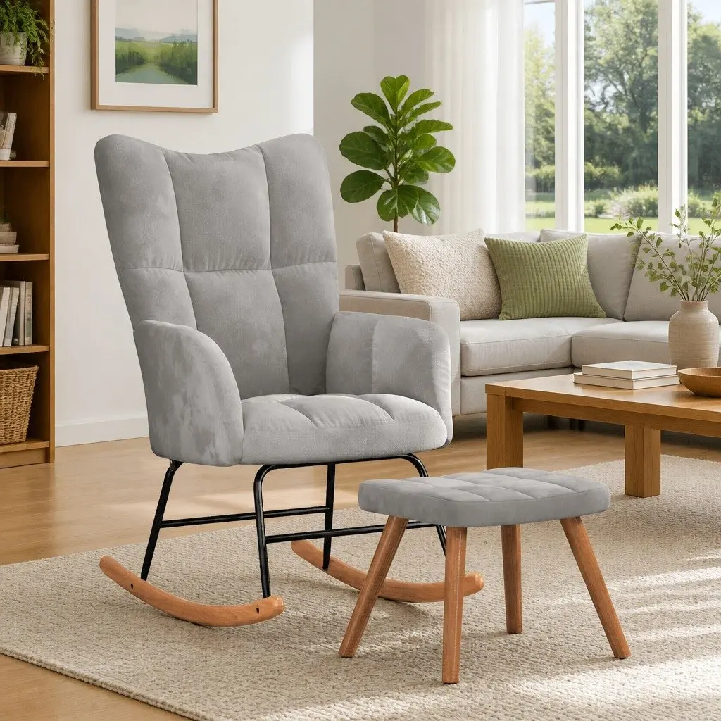 Rocking Chair with Stool Block Detailing Light Grey Velvet