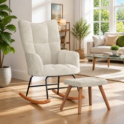 Rocking Chair with Footstool Cream Velvet Upholstered Padded Armchair Modern