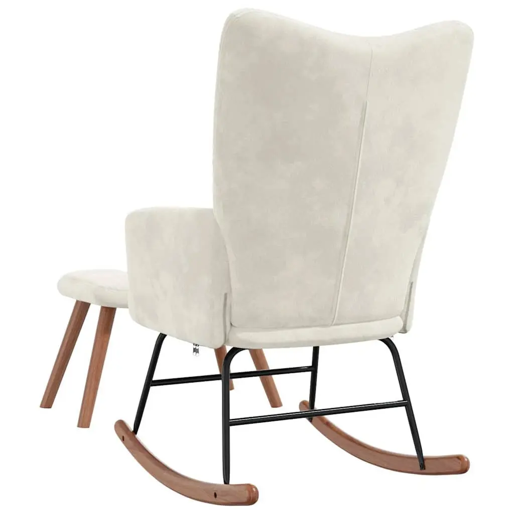 Rocking Chair with Stool Velvet Cream White Thickly Padded Foam Armchair