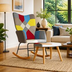 Rocking Chair with Stool Patchwork Multicolour Padded Armchair Relax Seat