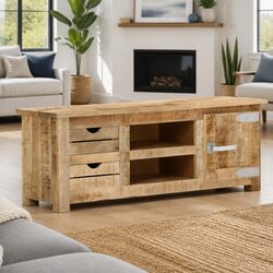 TV Cabinet 110x30x40 cm Rough Mango Wood Sideboard with Drawers Compartments