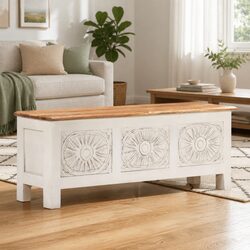 Storage Chest 110x30x40 cm White Solid Acacia Wood Cabinet with Hand-Carved