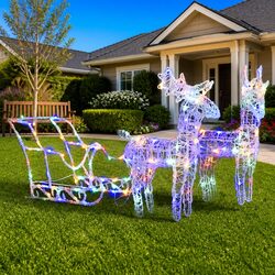 Christmas Reindeer Sleigh Decoration 160 LED Lights 130cm Acrylic Garden Outdoor