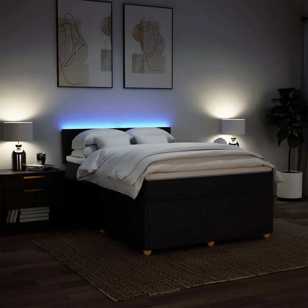 Double Box Spring Bed with Mattress LED Lights Black Fabric Double Size