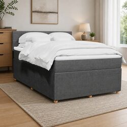 Double Box Spring Bed with Pocket Mattress LED Lights Grey Fabric Frame