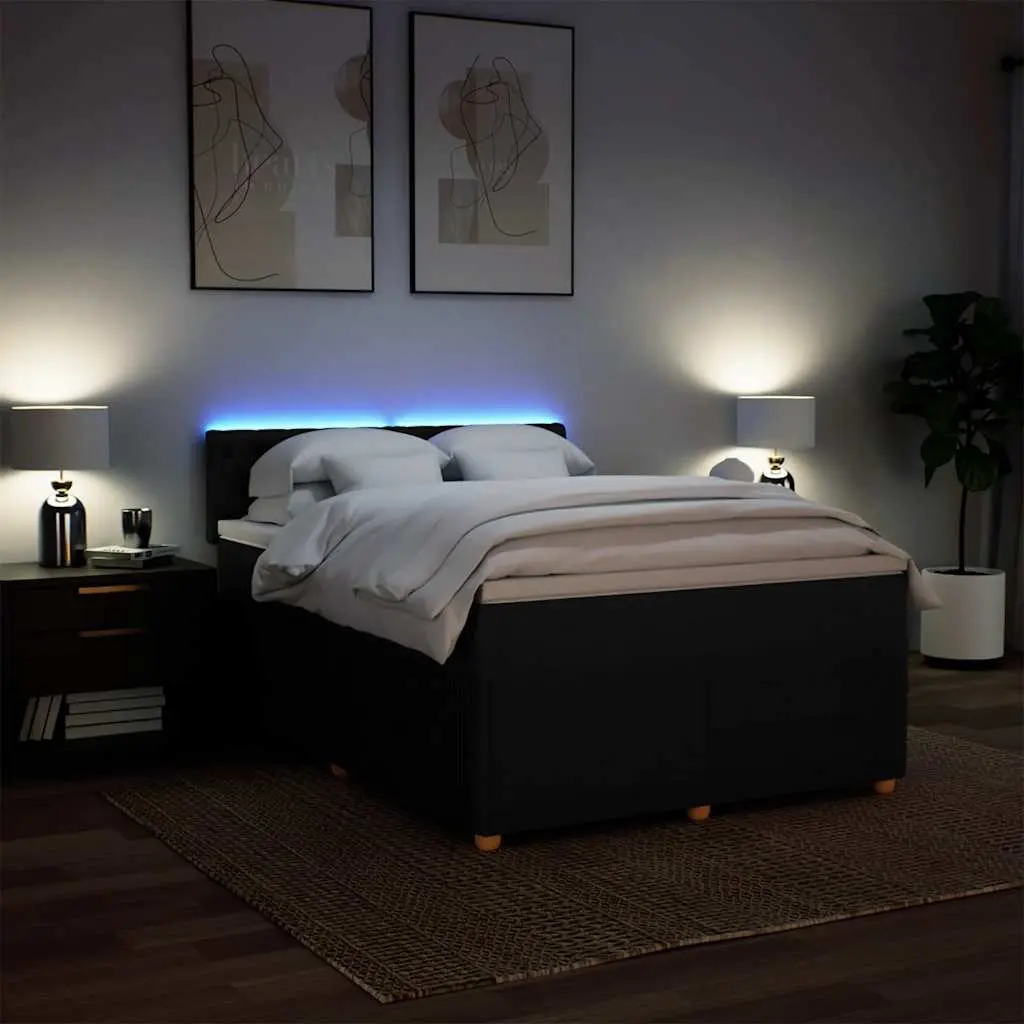 Double Box Spring Bed Pocket Spring Mattress Adjustable LED Lights Black Fabric Frame