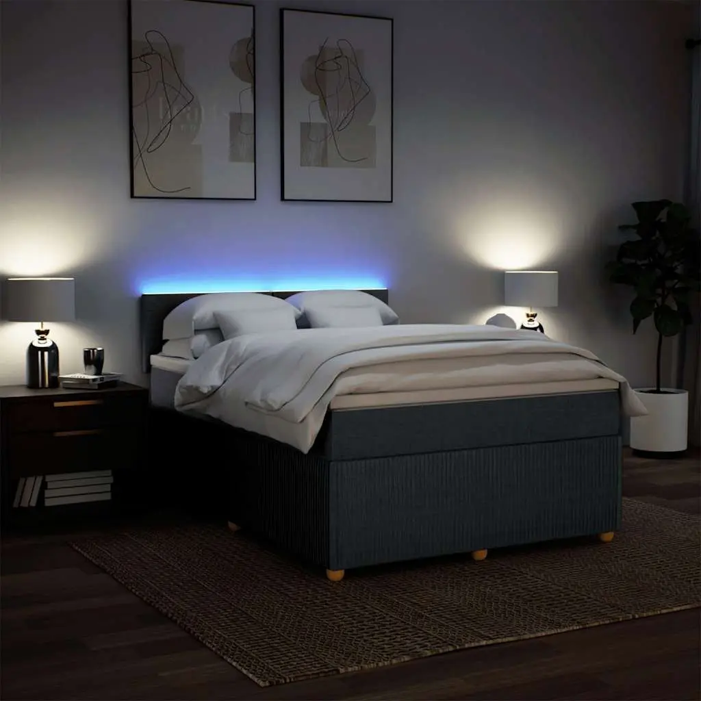 Queen Box Spring Bed with Mattress Pocket Spring Dark Grey Fabric with LED Lights