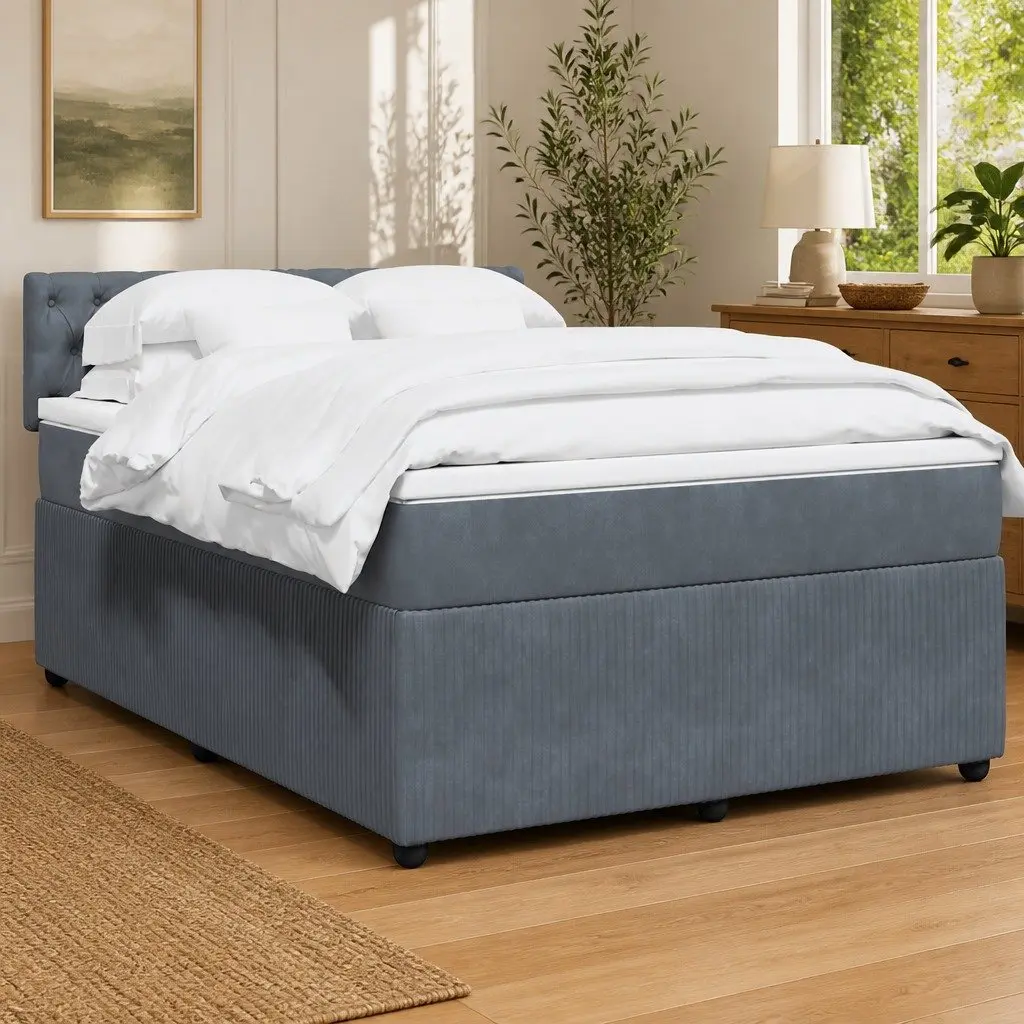 Queen Box Spring Bed Pocket Spring Mattress Velvet Upholstery Adjustable LED Lights Grey