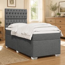 King Single Box Spring Bed with Pocket Mattress Adjustable Headboard Grey Fabric
