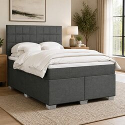 Double Box Spring Bed with Pocket Mattress Height-Adjustable Headboard Grey