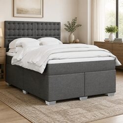 Double Box Spring Bed with Pocket Mattress Height-Adjustable Headboard Grey