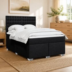 Double Box Spring Bed with Pocket Spring Mattress Black Fabric Adjustable
