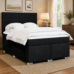 Queen Box Spring Bed with Pocket Mattress Black Fabric Adjustable Headboard