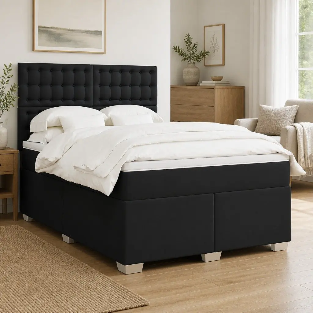 Queen Box Spring Bed Pocket Spring Mattress Height Adjustable Headboard Black Faux Leather Frame