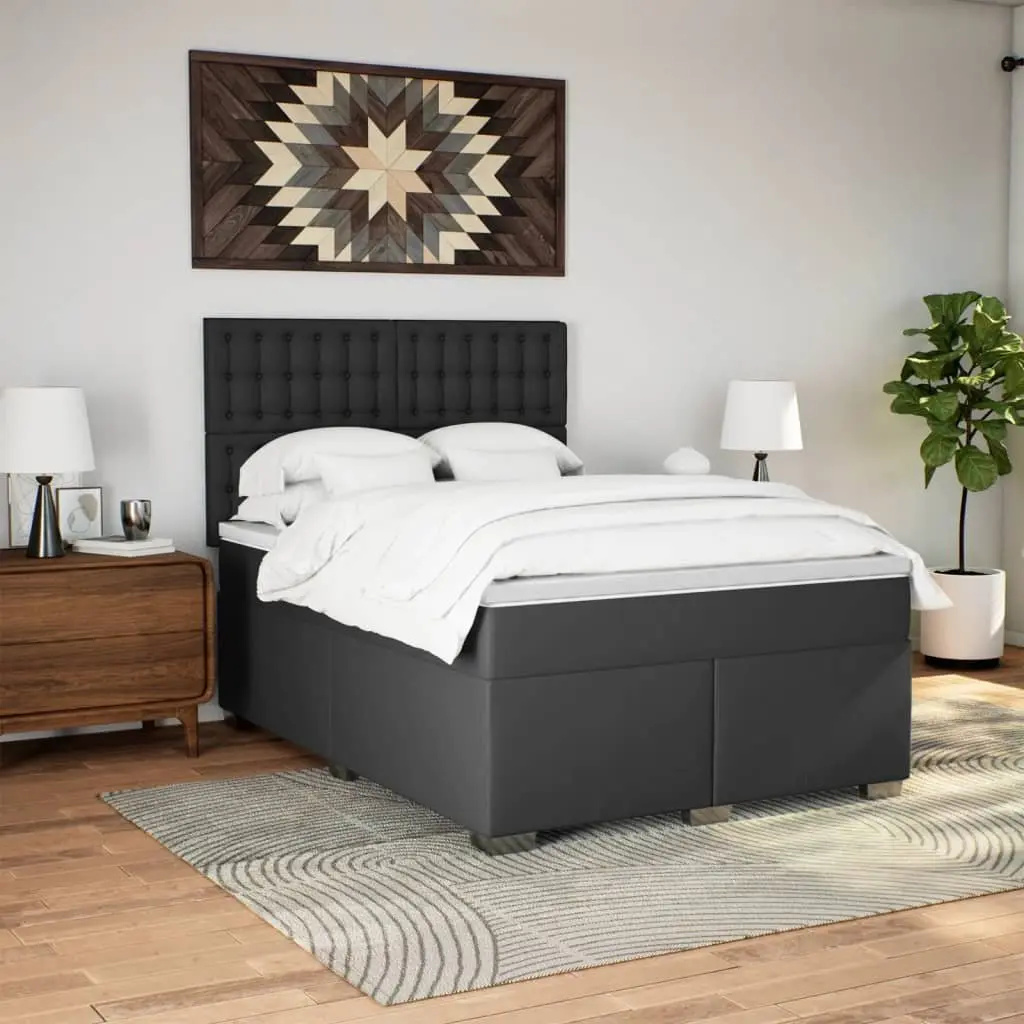 Queen Box Spring Bed Pocket Spring Mattress Height Adjustable Headboard Black Faux Leather Frame