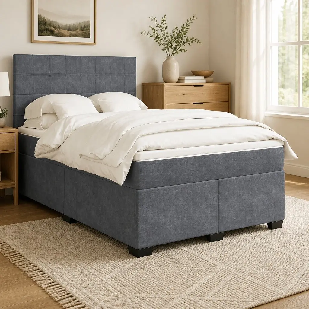 Queen Box Spring Bed Pocket Spring Mattress Height Adjustable Headboard Grey Velvet