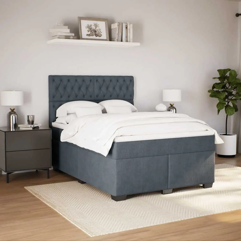 Queen Box Spring Bed Grey Velvet Adjustable Height Headboard Pocket Spring Mattress