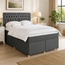 Double Box Spring Bed with Pocket Mattress Grey Fabric Adjustable Headboard