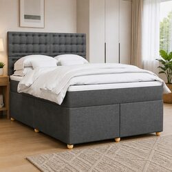 Double Box Spring Bed with Pocket Mattress Grey Fabric Headboard Adjustable