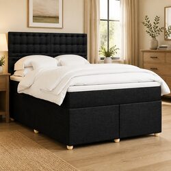 Double Box Spring Bed with Pocket Mattress Height-Adjustable Headboard Black