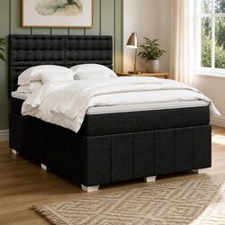 Double Box Spring Bed with Pocket Mattress Black Fabric Adjustable Headboard