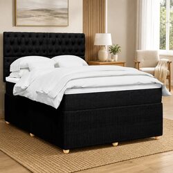 Double Box Spring Bed with Pocket Mattress Black Fabric Headboard Slats