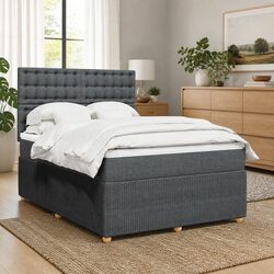 Double Box Spring Bed with Pocket Mattress Height-Adjustable Headboard Grey