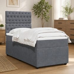 Box Spring Bed with Pocket Mattress King Single Grey Velvet Adjustable Headboard