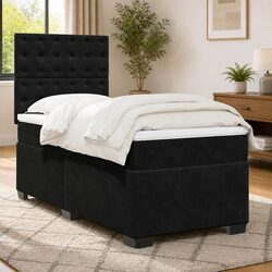 King Single Box Spring Bed with Pocket Mattress LED Lights Velvet Black